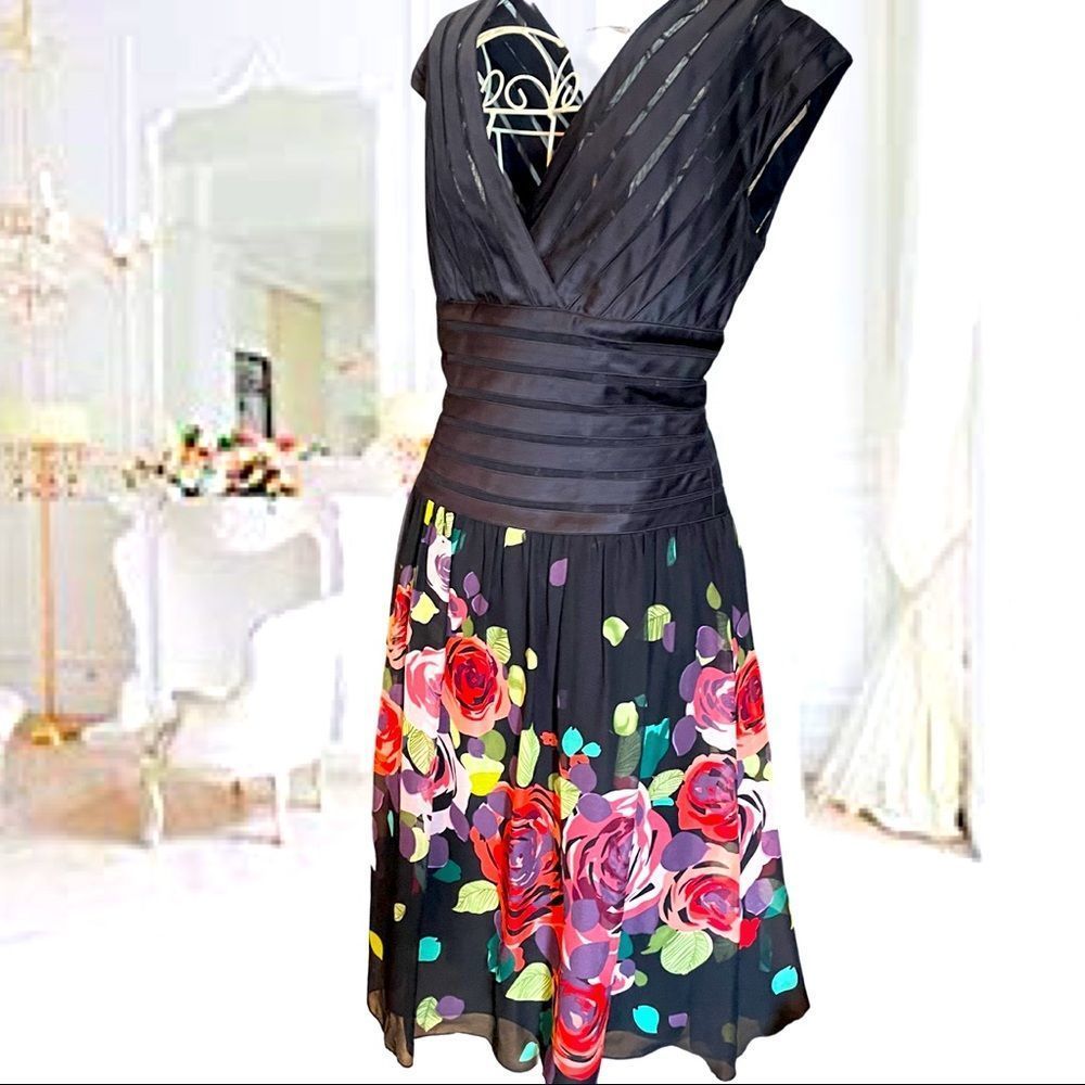 Andrianna Papell Black & Floral Cocktail Party Dress Size 8